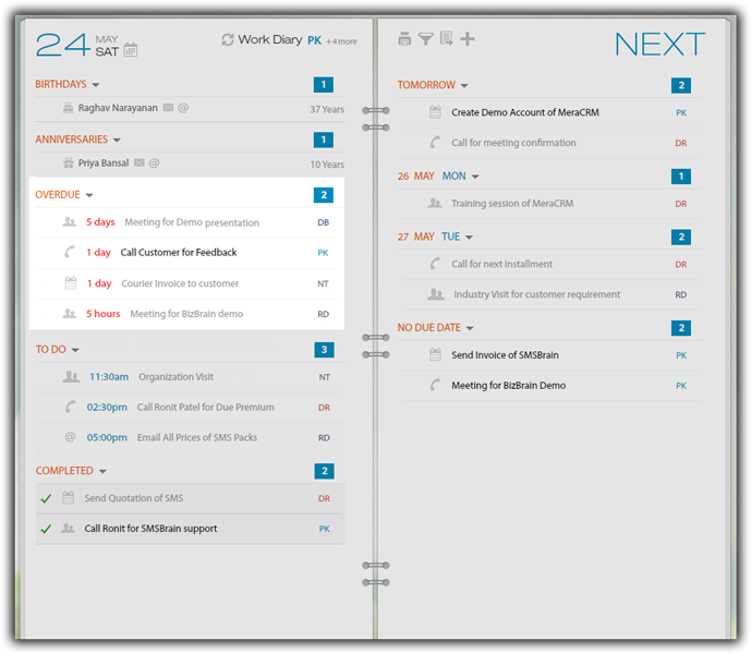 Workdiary feature to manage daily tasks by looking on to the pending and to do tasks all at one place.